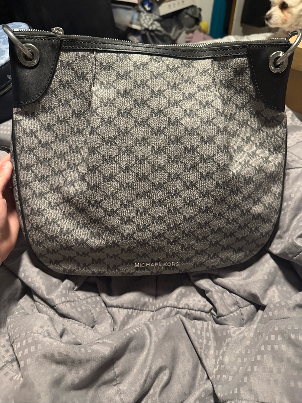Michael Kors Gray MK Monogram Shoulder Bag with Black Trim